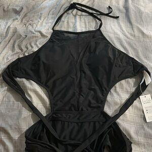 Cupshe Size Medium Black Mesh Cutout Ruched Drawstring Monokini Swimsuit NWT